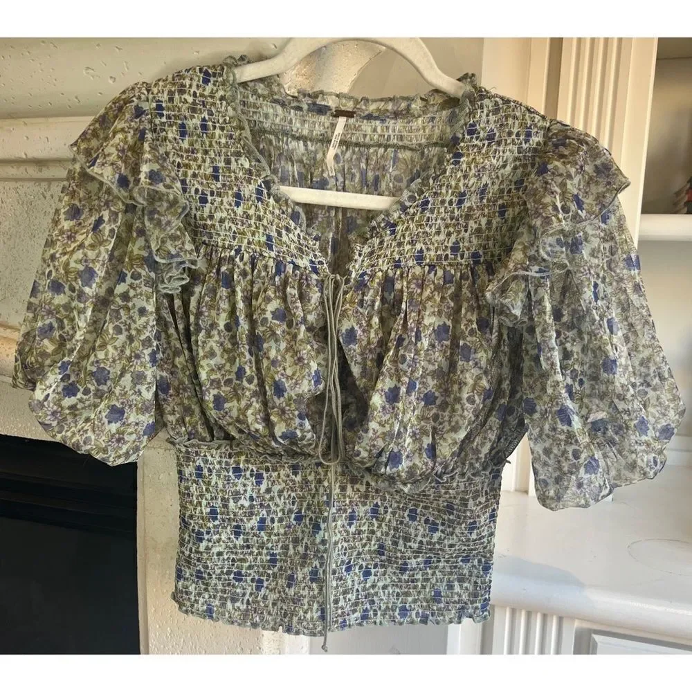 Free People Beatrice Floral-print Smocked Top In Mint Combo Size Small